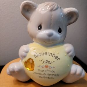 VTG Precious Moments Birthstone Bear Bank, November Topaz, 1997, Enesco Like New